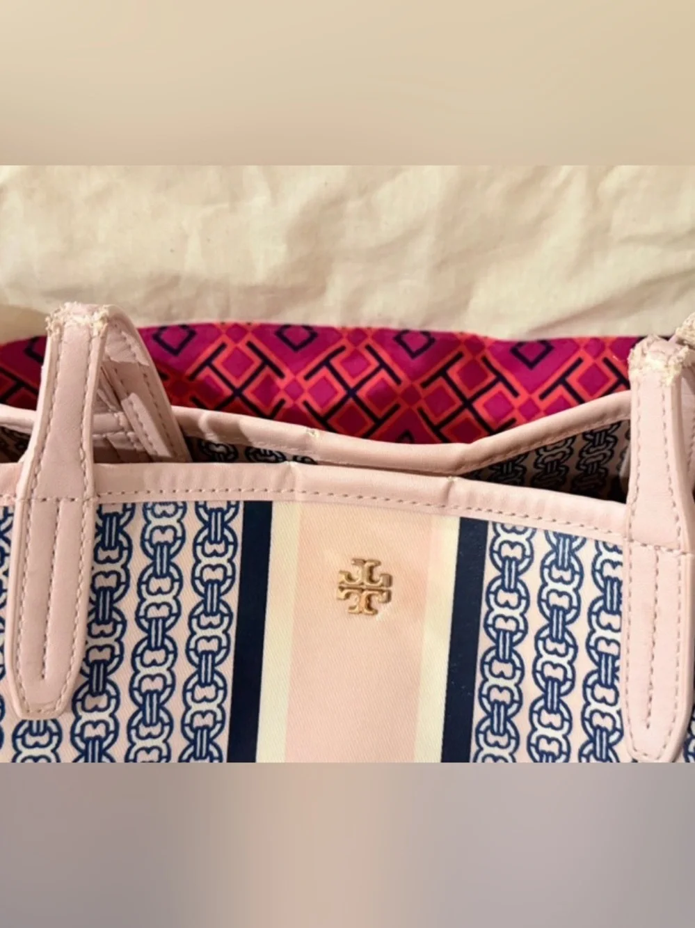 Tory Burch Gemini Link Tote Pink Navy White + Dust Bag